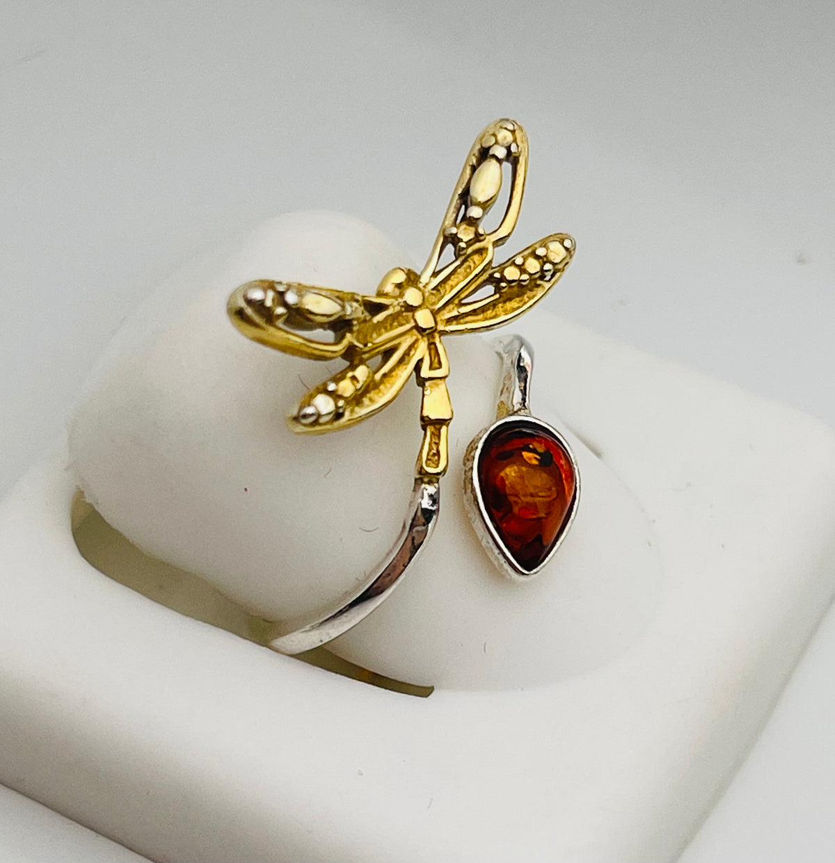 Amber Sterling Silver Dragonfly Ring