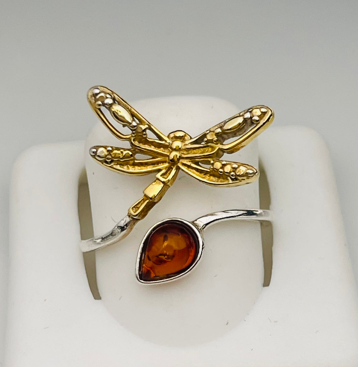 Amber Sterling Silver Dragonfly Ring